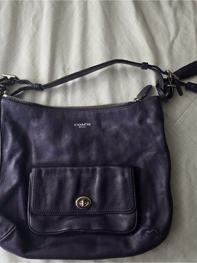 Coach Deep Purple Leather Shoulder Bag with Front Turn-Lock Pocket